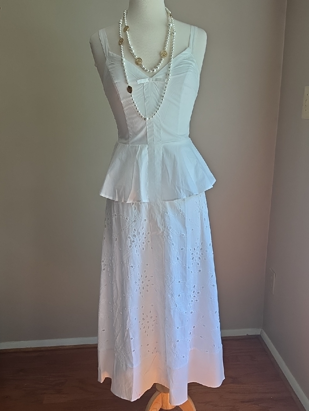 Rachel Roy, White Peplum Eyelet Maxi Dress, 96% Cotton, Size S.
